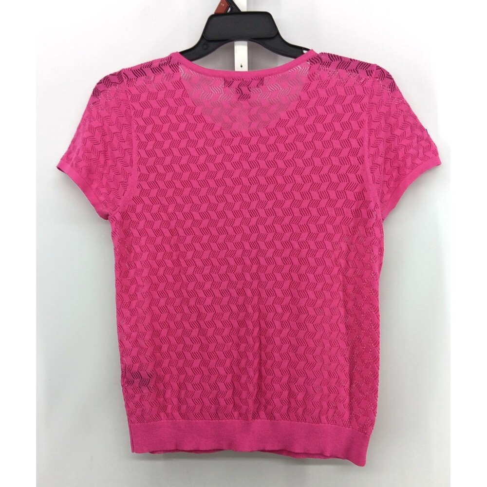 August Silk Blouse Womens Large Pink Perforated Short Sleeve Casual Button Up - Picture 3 of 6